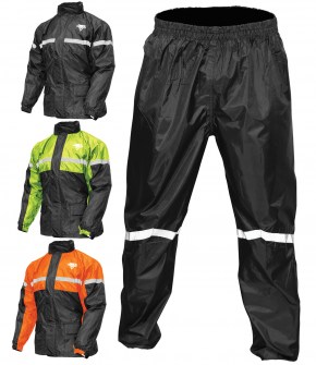 Photo showing StormRider rainsuit (Pants and jacket) in Black, Hi-Vis Yellow, and Orange on white background 